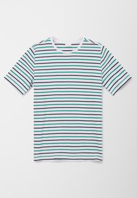 Kurzarm-T-Shirt in Weiß mit grünen und dunkelblauen horizontalen Streifen. Verfügt über einen Rundhalsausschnitt und besteht aus weichem, atmungsaktivem Baumwollstoff.