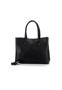 Borsa a tote in pelle nera con due manici arrotondati, design strutturato e tracolla rimovibile; texture liscia e dettagli minimali.