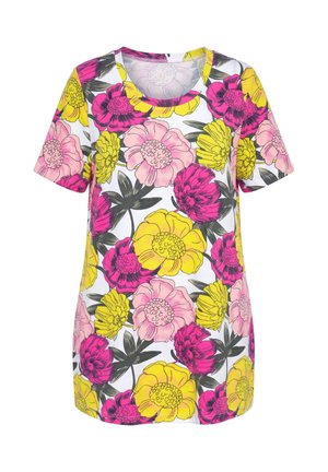 Bílý top s krátkým rukávem s velkým živým květinovým vzorem v růžové, žluté a světle růžové barvě a tmavě zelenými listy.
