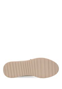 Schoenrubber met horizontale groeven, lichtbeige kleur en textuur van rubber. Ontworpen voor grip en duurzaamheid.