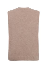 Ärmelloser, hellbrauner Strickpullover mit rundem Halsausschnitt und geripptem Saum. Besitzt eine glatte Textur und ein schlichtes Design, ideal zum Layering.