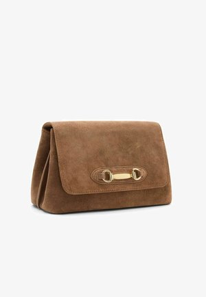 Brown suede clutch bag with a flat design, featuring a gold hardware clasp and a smooth texture. Folded silhouette with a clean finish.