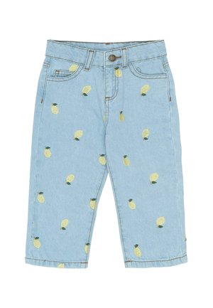 Svetlomodré denimové nohavice s žltými vyšívanými vzormi ananásov. Štandardný dizajn s piatimi vreckami a predným zapínaním na gombík a zips.
