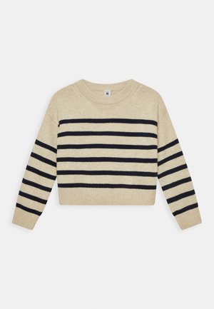 Pull en maille beige avec des rayures horizontales noires sur le corps et les manches, col rond, poignets et ourlet côtelés.