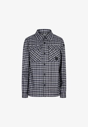 Geverifieerde flanellen overhemd met marineblauw en grijze kleuren, knopen aan de voorkant, twee borstzakken en een kraag. Zacht materiaal met een gestructureerde afwerking.