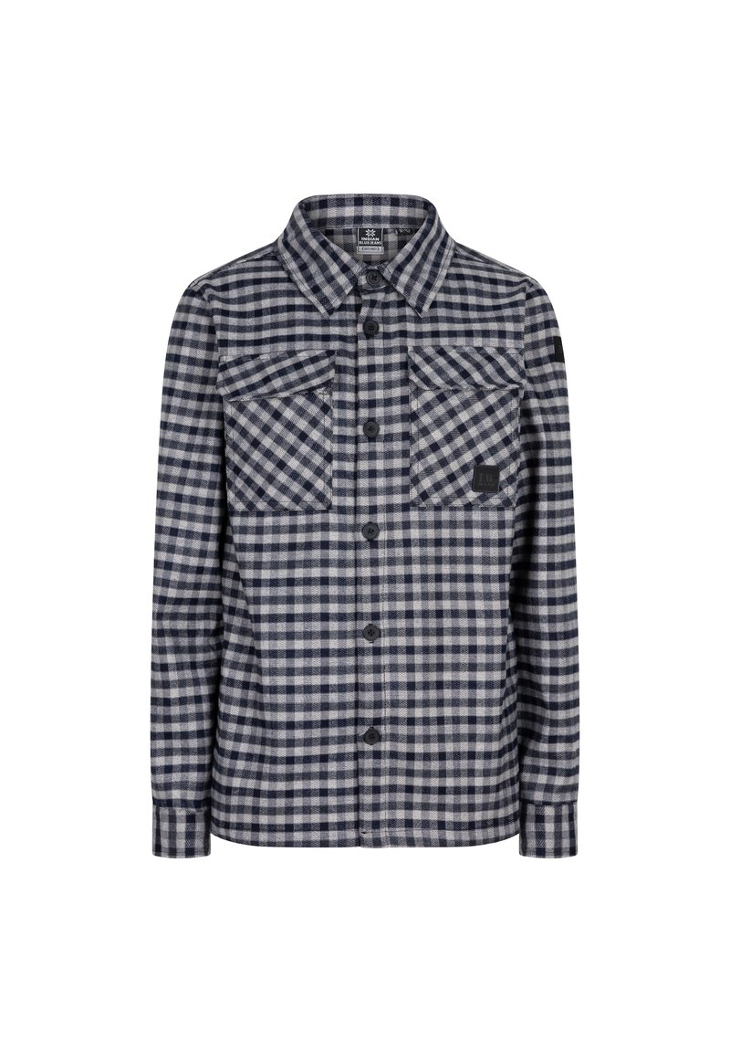 Rutig flanellskjorta i navy och grå färg, knäppning framtill, två bröstfickor och krage. Mjuk tyg med en texturerad yta.