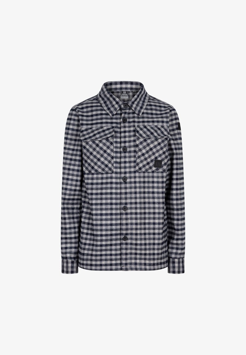 Rutig flanellskjorta i navy och grå färg, knäppning framtill, två bröstfickor och krage. Mjuk tyg med en texturerad yta.