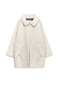 Off-white pluche nepbontjas met brede kraag, ritssluiting, lange mouwen en twee voorzakken, weergegeven op een witte achtergrond.