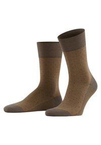 Brown patterned socks with a herringbone design and small dots. Features a solid brown cuff and reinforced toe for durability.
