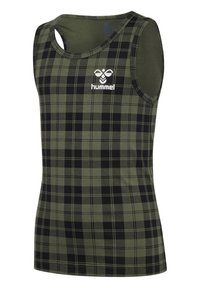 Groen en zwart geruite tanktop gemaakt van stof met een soepele textuur; heeft een ronde halslijn en een wit logo op de voorkant.