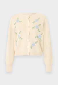 Κρεμ πλεκτή ζακέτα με μακριά μανίκια, κουμπιά μπροστά και κεντήματα με ανοιχτό γαλάζια λουλούδια και πράσινα φύλλα στις μπροστινές πλευρές.
