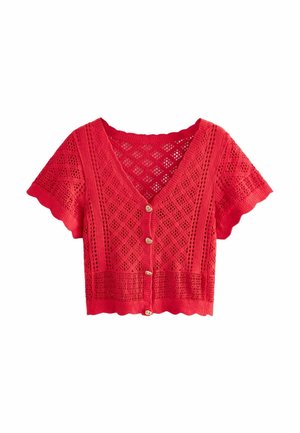 Cardigan court rouge en crochet avec col en V et quatre boutons en forme de cœur sur le devant.