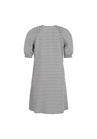 Vestido de cuadros en blanco y negro con un corte relajado, mangas cortas abullonadas y escote fruncido. Textura suave, diseño hasta la rodilla.