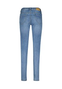 Slim-fit blauwe jeans van denim, met een middelhoge taille, twee achterzakken en een leren label op de tailleband.