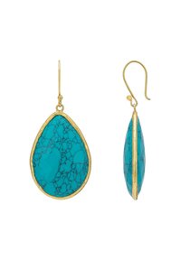 Orecchini in forma di goccia color turchese con venature nere incastonati in cornici dorate, mostrati in vista frontale e laterale con ganci dorati.