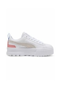 White leather sneaker with a thick platform sole. Features beige and pink accents, perforated detailing, and a blue heel tab.