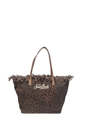 Bruine shopper met luipaardprint, franjes en beige schouderbanden, met het "MC2 Saint Barth" logo aan de voorkant.
