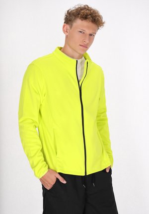 Neon gul zip-up jakke med høj krave, udstyret med en sort lynlås og sidelommer, designet i et glat og let stof.