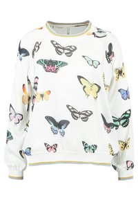 Sudadera blanca con un estampado de mariposa colorido en varios tonos. Tiene un cuello redondo, mangas largas y puños acanalados con acentos amarillos.