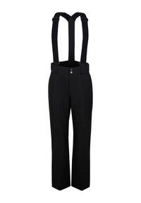 Schwarze Hose mit verstellbaren Trägern, zwei Fronttaschen, geradem Beindesign und Metallknopfverschlüssen. Glattes, langlebiges Material.