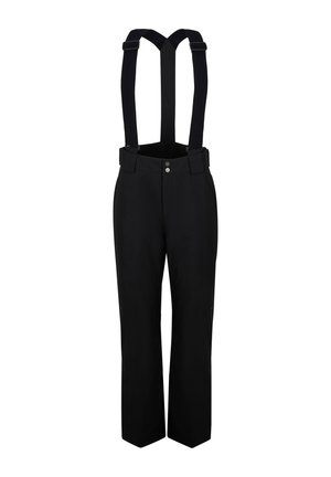 Schwarze Hose mit verstellbaren Trägern, zwei Fronttaschen, geradem Beindesign und Metallknopfverschlüssen. Glattes, langlebiges Material.