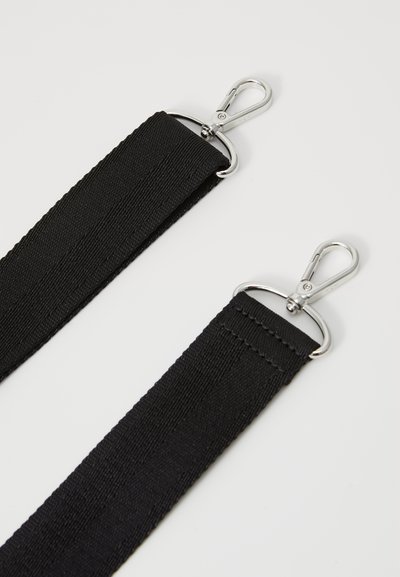 Black nylon straps with a textured surface, featuring metallic clips at each end for attachment. Durable and functional design.