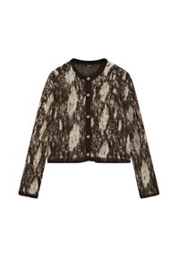 Braune und cremefarbene, kurze Strickjacke mit einem strukturierten, gemusterten Design. Verfügt über einen runden Ausschnitt und eine Vorderknopfleiste mit Metallknöpfen.