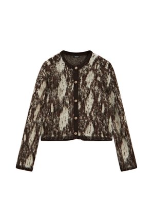 Hnědý a krémový zkrácený cardigan s texturovaným vzorovaným designem. Má kulatý výstřih a přední zapínání na knoflíky s kovovými knoflíky.