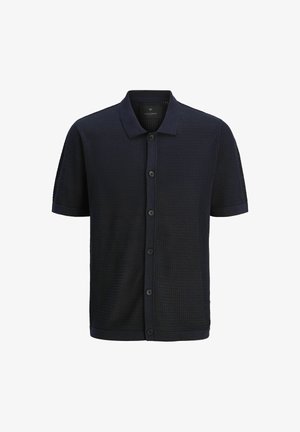 Mornarica kratki rukav polo majica s teksturiranim pletenim uzorkom, ovratnikom, prednjim zatvaranjem na pet dugmadi i kontrastnim solidnim manžetama.