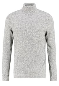 Pull à col roulé gris en tissu texturé, avec manches longues et silhouette ajustée. Aucun motif ou ornement visible.