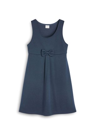 Robe sans manches navy en tissu doux, avec un col rond et un accent en nœud à l'avant au niveau de la taille. Forme évasée en A.