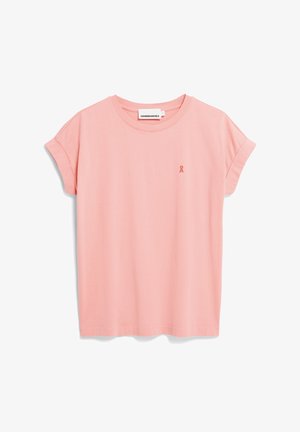 T-shirt rose clair en coton, avec un col rond, des manches courtes retroussées et un petit détail brodé à l'avant.