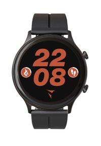 Zwarte ronde smartwatch met een siliconen bandje. Het digitale display toont de tijd in oranje, samen met pictogrammen voor vuur en voetstappen op een donkere achtergrond.