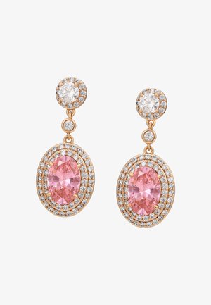 Ohrringe aus roségold mit tropfenförmigen, pinken Edelsteinen, umgeben von weißen Diamanten, und kleinen, runden Diamanten als Akzente oben.