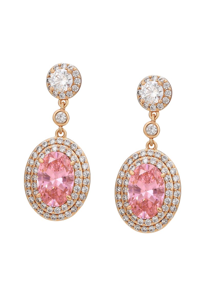 Cercei din aur roz în formă de picătură, cu pietre ovale roz înconjurate de diamante albe, având mici accente circulare de diamant în partea de sus.
