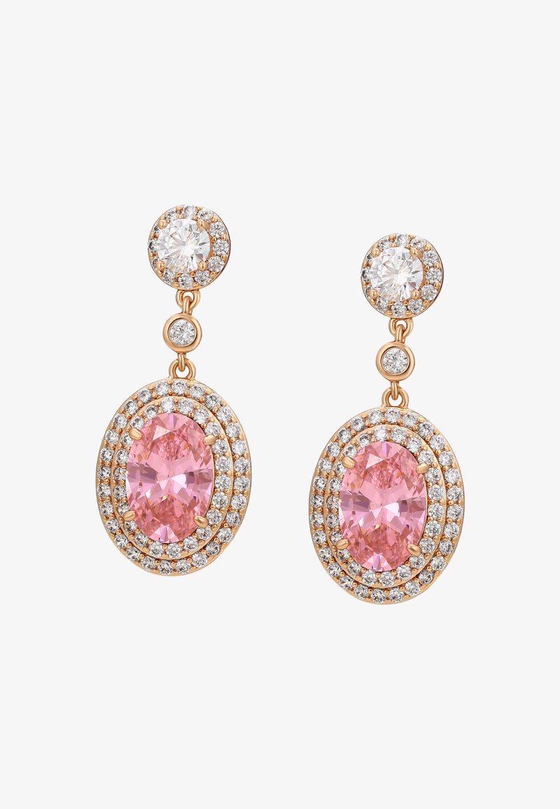 Cercei din aur roz în formă de picătură, cu pietre ovale roz înconjurate de diamante albe, având mici accente circulare de diamant în partea de sus.