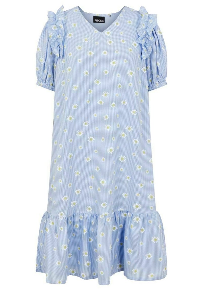 Hellblaues Kleid im Karomuster mit weißen Gänseblümchen, V-Ausschnitt, gerüschten kurzen Ärmeln und einem gestuften Rüschensaum. Weicher, leichter Stoff.