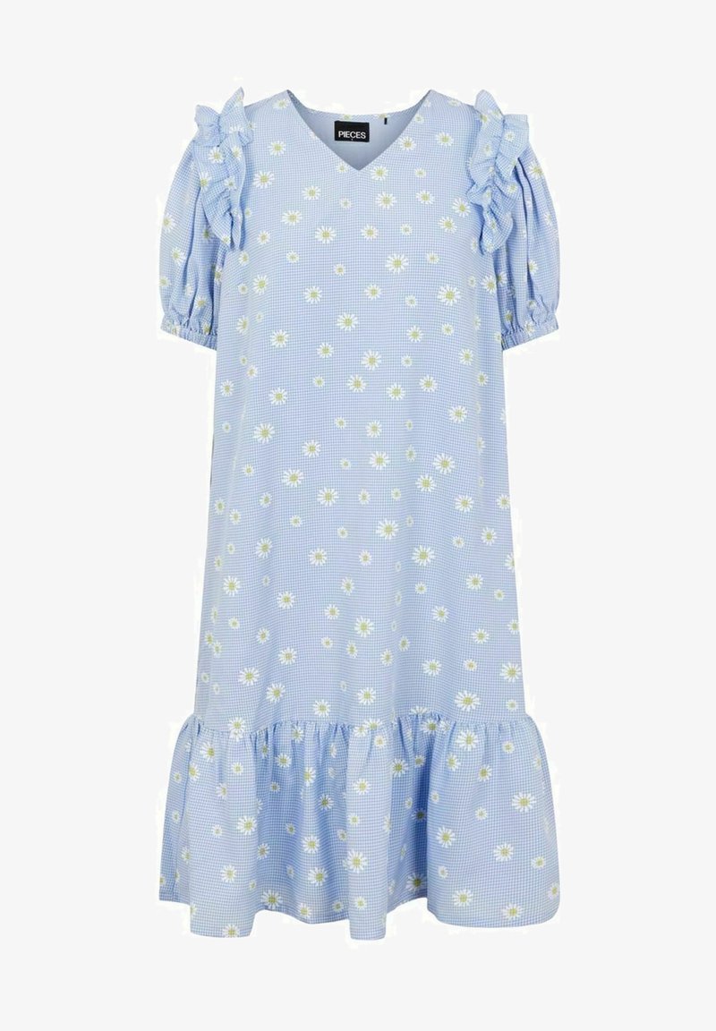 Hellblaues Kleid im Karomuster mit weißen Gänseblümchen, V-Ausschnitt, gerüschten kurzen Ärmeln und einem gestuften Rüschensaum. Weicher, leichter Stoff.