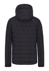 Schwarze isolierte Jacke mit gestepptem Design, Kapuze und elastischen Bündchen. Hergestellt aus leichtem Material, mit glatter Textur und schlanker Silhouette.