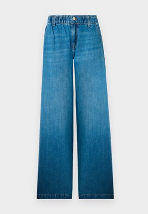 Jean à jambes larges en denim bleu clair, dotés d'une taille élastique, d'une fermeture à bouton et d'un design droit avec un effet décoloré.