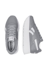 Šedé tenisky Reebok s bielymi pruhmi, hrubými bielymi podrážkami a šedými šnúrkami, zobrazené z vrchu a z bočného pohľadu na bielom pozadí.