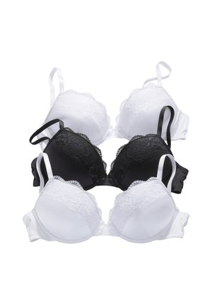 Three lace-trimmed bras stacked vertically, two white on top and bottom, and one black bra in the middle, all with adjustable straps.
