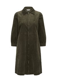 Abito lungo con colletto in tessuto di velluto a coste verde scuro, caratterizzato da una zip frontale, maniche arricciate e una silhouette dritta, con una sottile texture a coste.