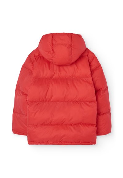 Rote Pufferjacke mit Kapuze. Verfügt über gesteppten Bereiche, eine glatte Textur und ein entspanntes Schnittdesign, das für Isolation und Komfort geeignet ist.