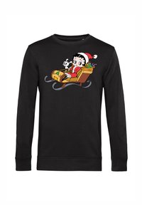 Felpa nera con un personaggio dei cartoni animati in un vestito rosso e un cappello di Babbo Natale, seduto su una slitta con un cane e regali, design dettagliato.