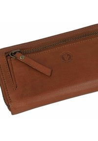 Portafoglio in pelle marrone con finitura textured, dotato di chiusura a zip e un piccolo tirante in pelle. Logo in rilievo sulla parte anteriore.