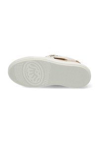 Suela de zapato de goma blanca con un patrón de agarre texturizado, caracterizada por un acabado suave y un diseño de logo elevado en el centro.
