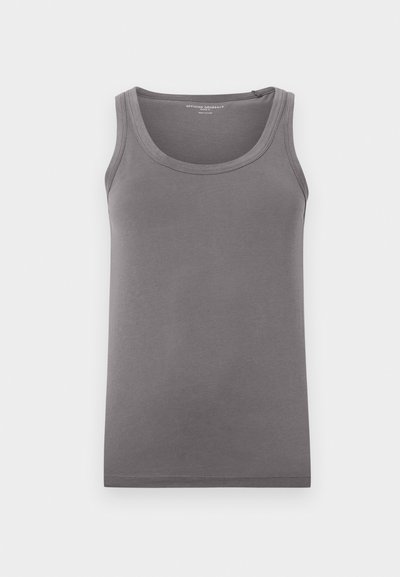 Gray cotton tank top with a rounded neckline and wide shoulder straps. Seamless design with a straight cut at the waist.