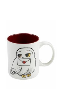 White ceramic mug with a red interior, featuring an illustrated owl holding an envelope, detailed with black outline and colorful accents.