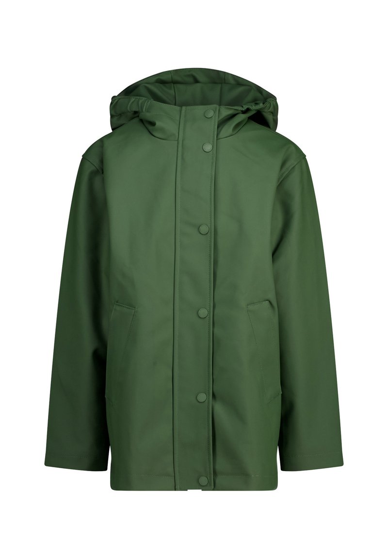 Abrigo verde impermeable con capucha, cierre de botones a presión, dos bolsillos frontales y una textura suave. Diseñado para proteger contra la lluvia.